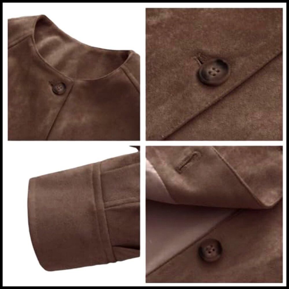 Oversized Faux Suede Bomber Jacket Gathered Hem Short Length Button Closure - Picture 5 of 7